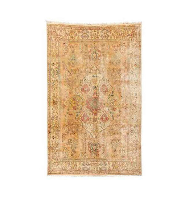 Tapis en laine persan tissé à la main avec motif médaillon couleur crème - Heriz