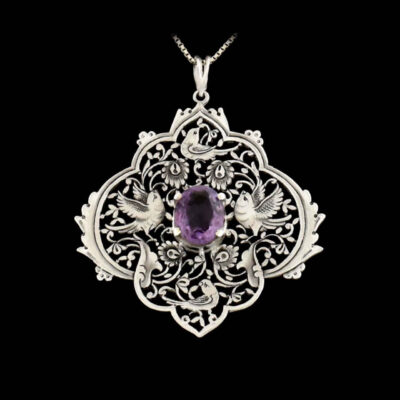 Pendentif en argent gravé persan avec pierre précieuse Améthyste