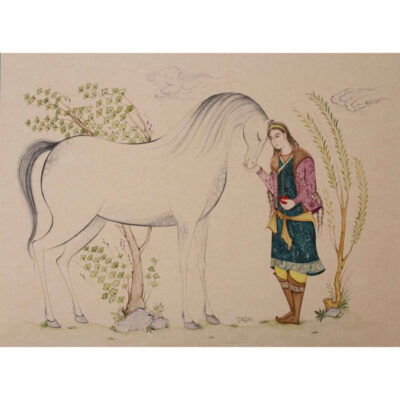 Peinture d’art miniature persan originale : Aquarelle et gouache sur carton – Garçon et cheval