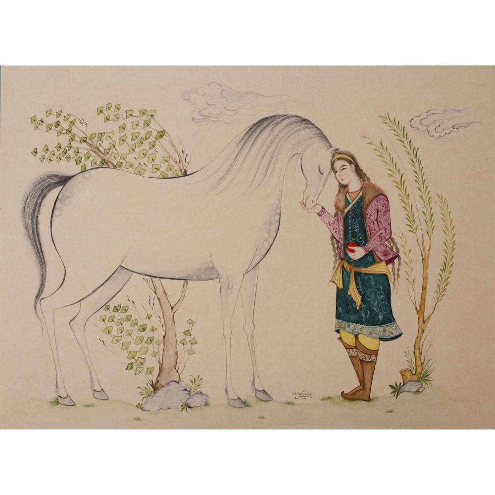 Peinture d'art miniature persan originale : Aquarelle et gouache sur carton – Garçon et cheval