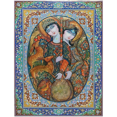 Peinture d'art miniature persan originale : Aquarelle et gouache – Layla et Majnoun
