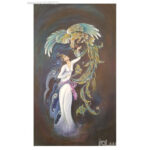 Peinture d’art miniature persan originale : Acrylique sur carton – Fille et phénix