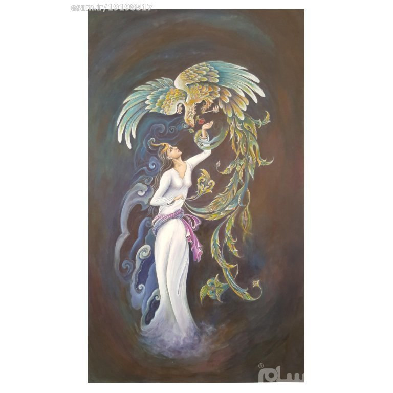 Peinture d'art miniature persan originale : Acrylique sur carton – Fille et phénix
