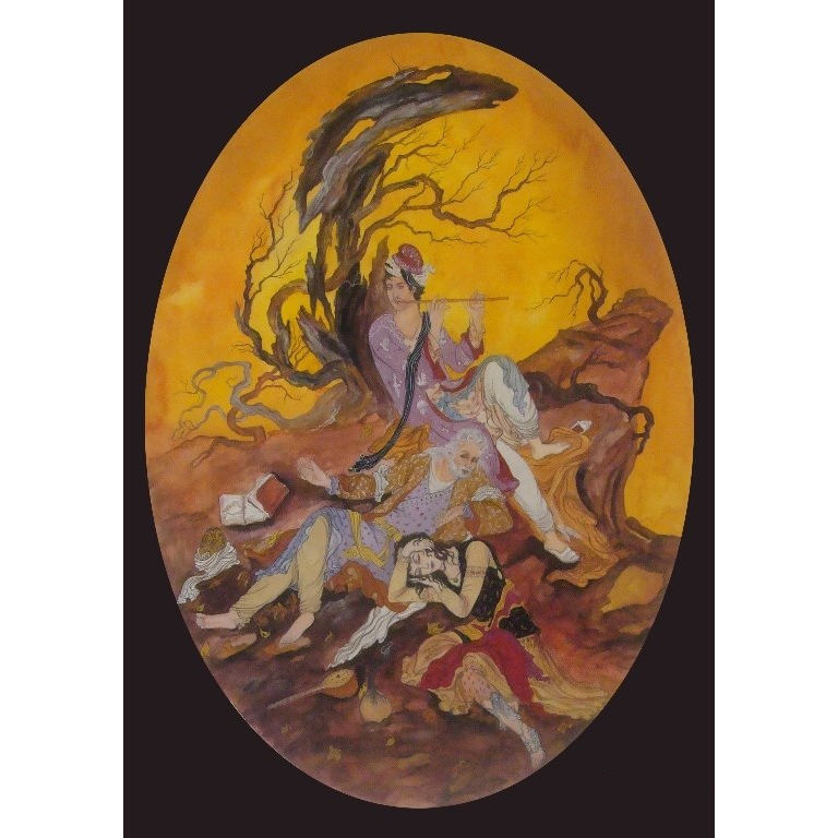 Peinture d'art miniature persan originale : Aquarelle et gouache – Instrument Ney