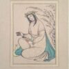 Peinture d'art safavide persan originale : Aquarelle et gouache sur carton – Printemps et Setar