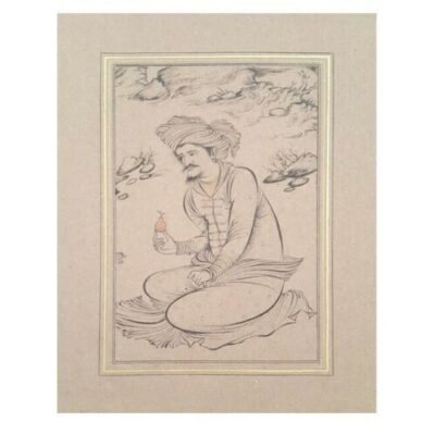 Peinture d’art safavide persan originale : Aquarelle et gouache sur carton – Printemps et Setar