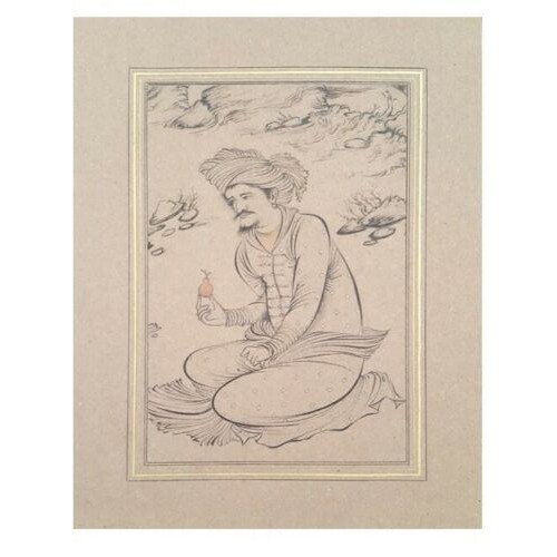 Peinture d'art safavide persan originale : Aquarelle et gouache sur carton – Printemps et Setar