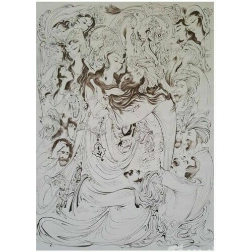 Ensemble de 5 peintures d'art safavide persan originales : Aquarelle et gouache sur carton