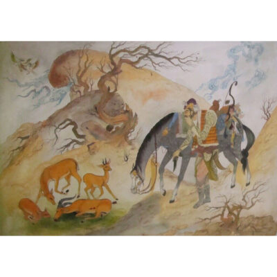 Peinture d’art safavide persan originale : Aquarelle et gouache sur carton – Oshagh