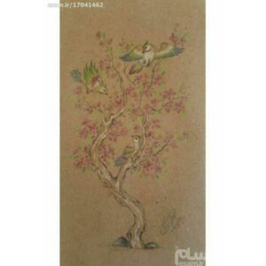 Peinture d’art miniature persan originale : Gouache et aquarelle – Arbre et oiseaux