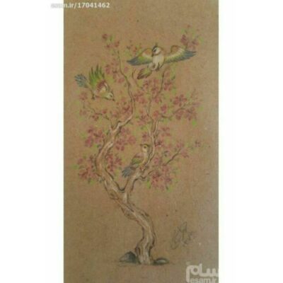 Peinture d’art miniature persan originale : Gouache et aquarelle – Arbre et oiseaux