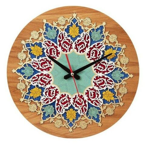 Horloge Murale en Bois Incrusté Persan avec Motif Floral