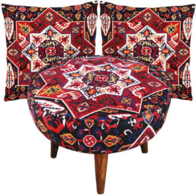 Tabouret et coussins en velours traditionnel inspirés de l’art persan