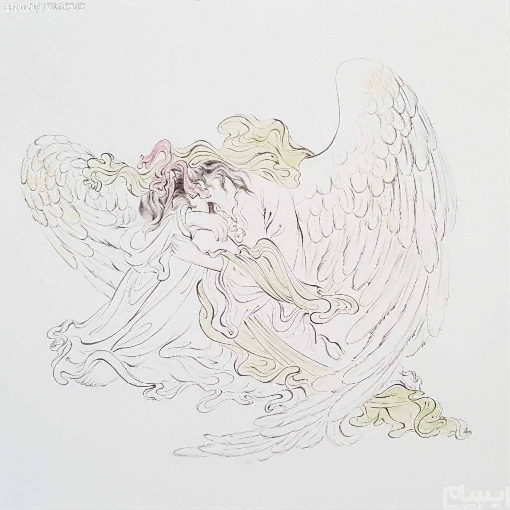 Peinture d'art miniature persan originale : Aquarelle – Ange au cœur brisé