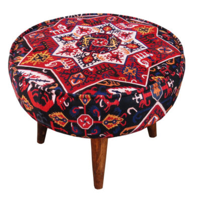 Pouf persan rouge traditionnel avec pieds en bois et tissu en velours rond Kl