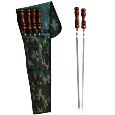 Ensemble de Six Brochettes en Acier avec Manche en Bois et Housse pour Kebab et Grillades