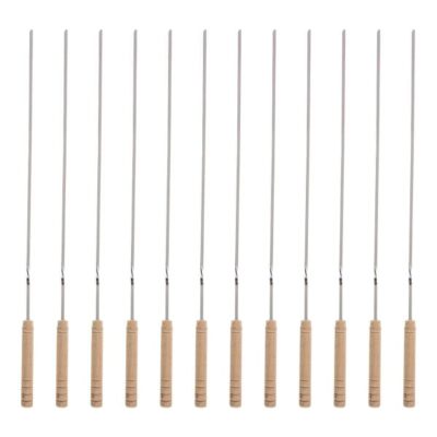 Ensemble de Douze Brochettes en Acier avec Manche en Bois pour Kebab et Grillades