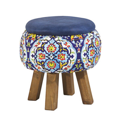 Pouf rond en velours bleu avec pieds en bois, inspiré de l’art persan