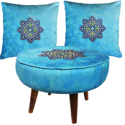 Tabouret rond en velours éclectique et coussins inspirés de l’art persan