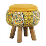 Pouf rond en velours avec pieds en bois inspiré de l’art persan jaune