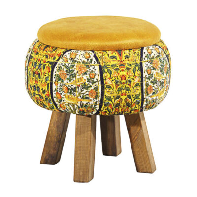 Pouf rond en velours avec pieds en bois inspiré de l’art persan jaune