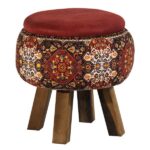 Pouf rond en velours avec pieds en bois inspiré de l’art persan rouge