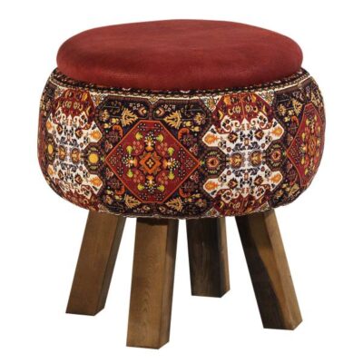 Pouf rond en velours avec pieds en bois inspiré de l’art persan rouge