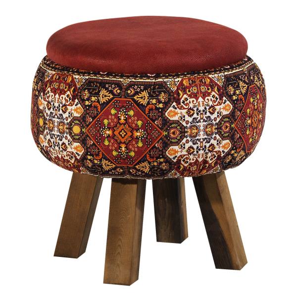 Pouf rond en velours avec pieds en bois inspiré de l'art persan rouge