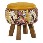 Pouf rond en velours avec pieds en bois inspiré de l’art persan jaune pictural