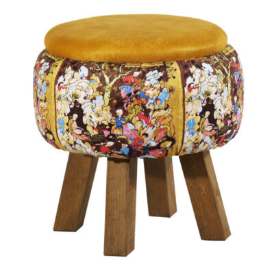 Pouf rond en velours avec pieds en bois inspiré de l’art persan jaune pictural