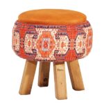 Pouf rond en velours avec pieds en bois inspiré de l’art persan orange