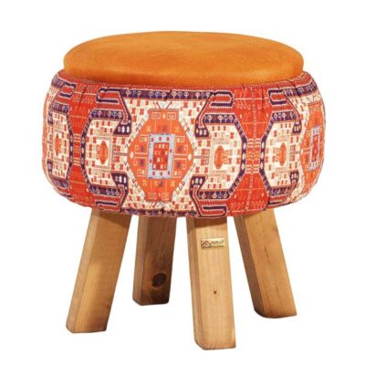 Pouf rond en velours avec pieds en bois inspiré de l’art persan orange