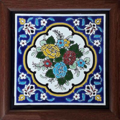 Carreau en céramique persane décoratif encadré – Fleur