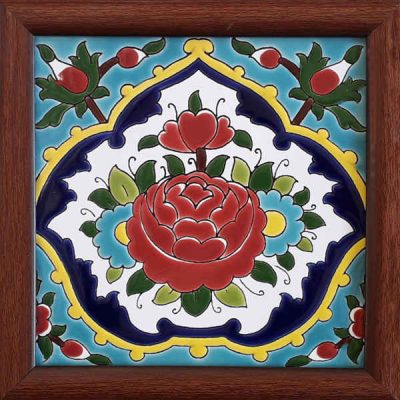 Carreau en céramique persane décoratif encadré – Fleur