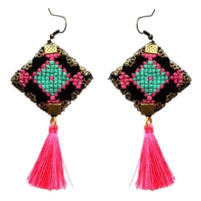 Persian Embroidered Earrings Balochi Traditional Tassel Suzani Pink