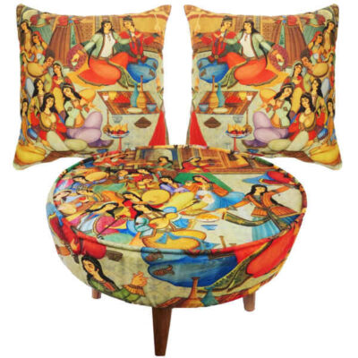 Tabouret et coussins en velours éclectique inspirés de l’art persan