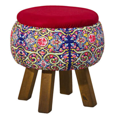 Pouf rond en velours avec pieds en bois inspiré de l’art persan rouge Akam