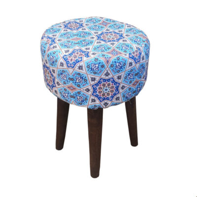 Pouf rond en velours inspiré de l’art persan bleu géométrique