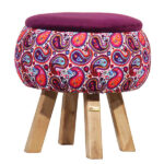 Pouf rond en velours inspiré de l’art persan fleurs roses