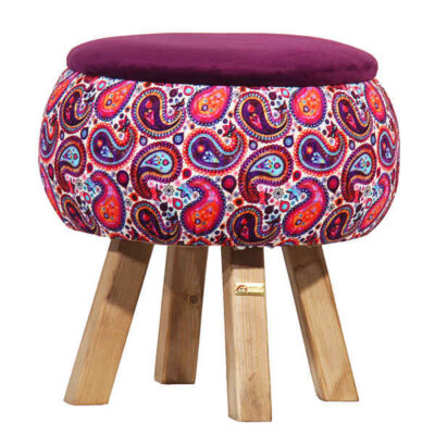 Pouf rond en velours inspiré de l’art persan fleurs roses