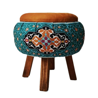 Pouf rond en velours inspiré de l’art persan fleurs vertes