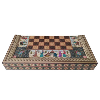 Plateau d’Échecs en Bois Marqueterie Incrusté Persan avec Design de Peinture Miniature Inspirée