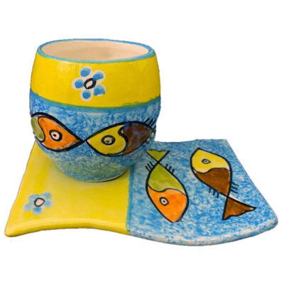Tasse en poterie artistique – Décorative avec sous-verre, modèle Poisson