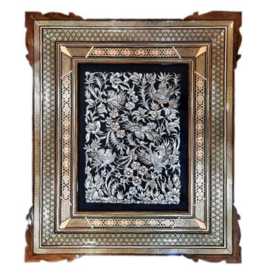 Artisanat encadré en cuivre gravé persan – Oiseaux et fleurs – Décoration murale traditionnelle