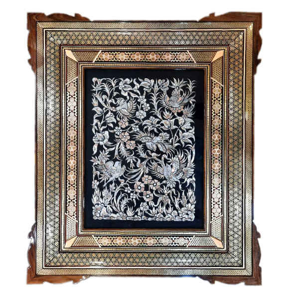 Artisanat encadré en cuivre gravé persan – Oiseaux et fleurs – Décoration murale traditionnelle