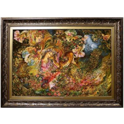 Tapis mural persan fait main de Tabriz représentant la miniature Cycle of Life