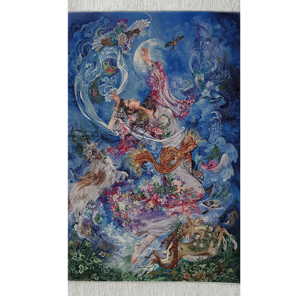 Tapis mural persan fait main de Tabriz représentant la miniature Morning Bloom