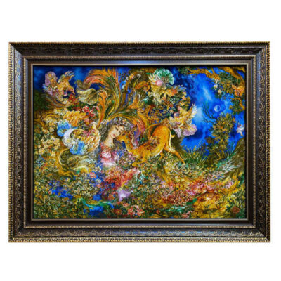 Tapis mural persan fait main de Tabriz représentant la miniature Dayereh Hasti