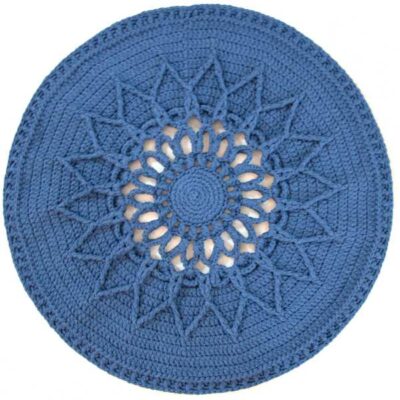 Tapis de sol macramé bohème tissé à la main – Design Soleil bleu