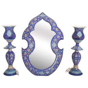 Ensemble miroir et bougeoirs en cuivre persan – Design Minakari